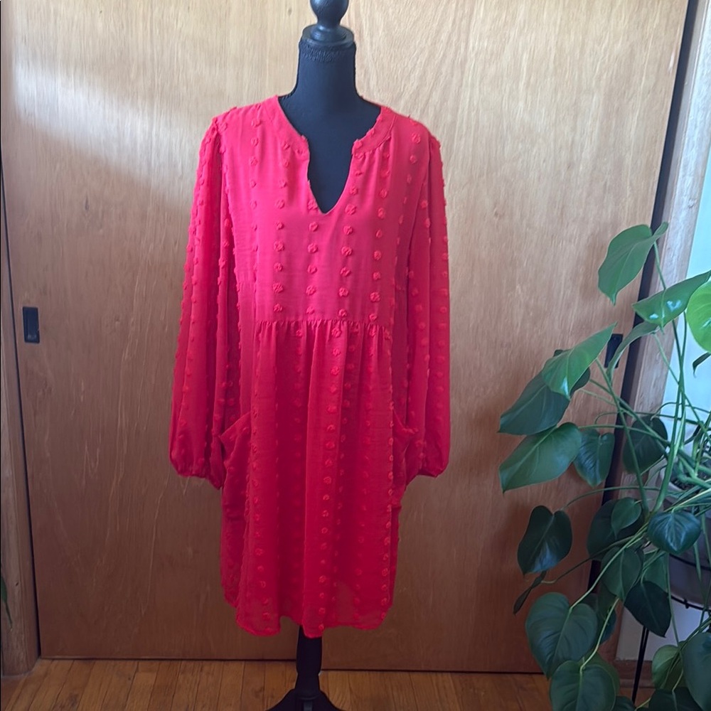 JODIFL Red Textured Long-Sleeve Babydoll Dress